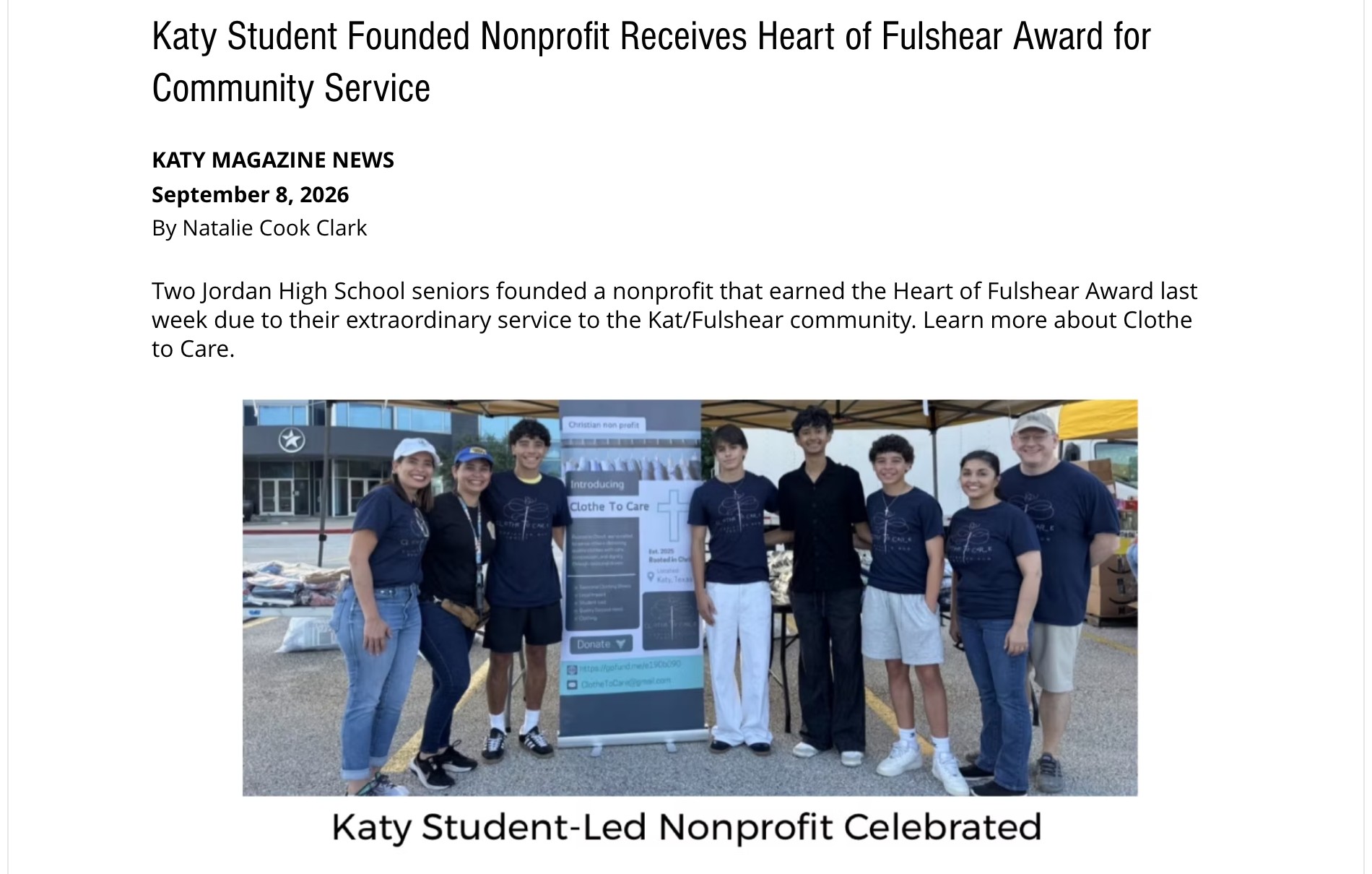 Katy Magazine article: Katy Student-Founded Nonprofit Receives Heart of Fulshear Award for Community Service