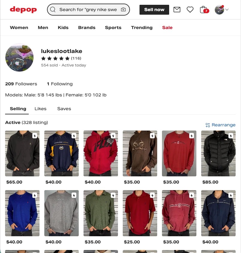 Current Storefront on Depop
