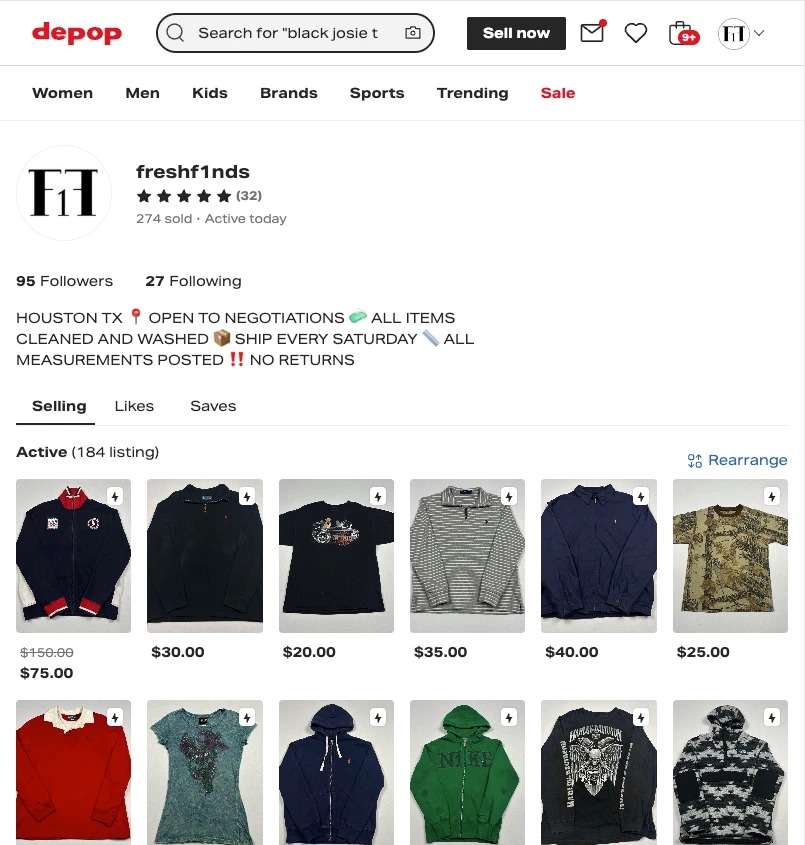 Earlier Storefront on Depop