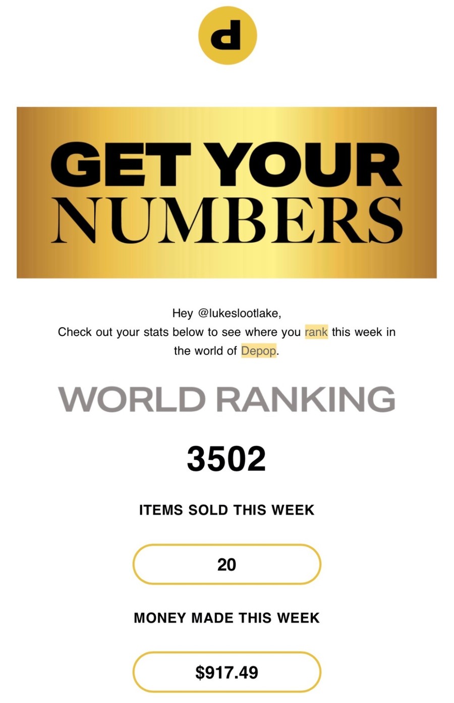 Depop weekly performance email for @lukeslootlake showing $917.49 made that week