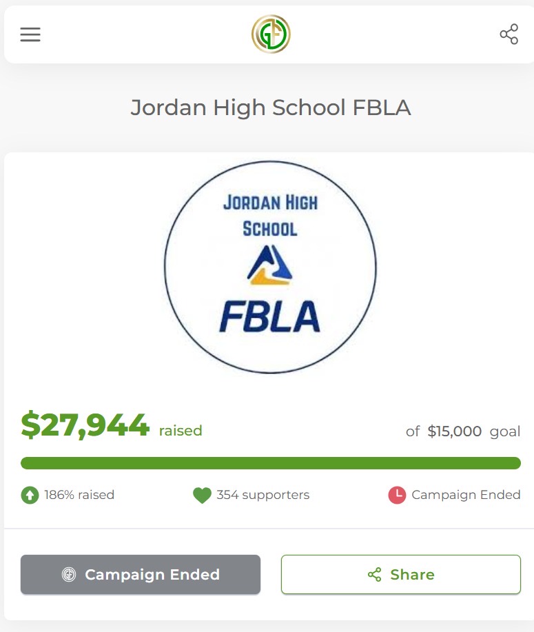 Sponsor message recognizing the FBLA chapter's fundraising campaign, which raised $27,944