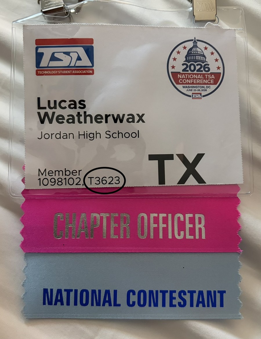 Lucas Weatherwax's 2026 National TSA Conference badge, showing Member 1098102, Team T3623, Jordan High School, Chapter Officer and National Contestant ribbons