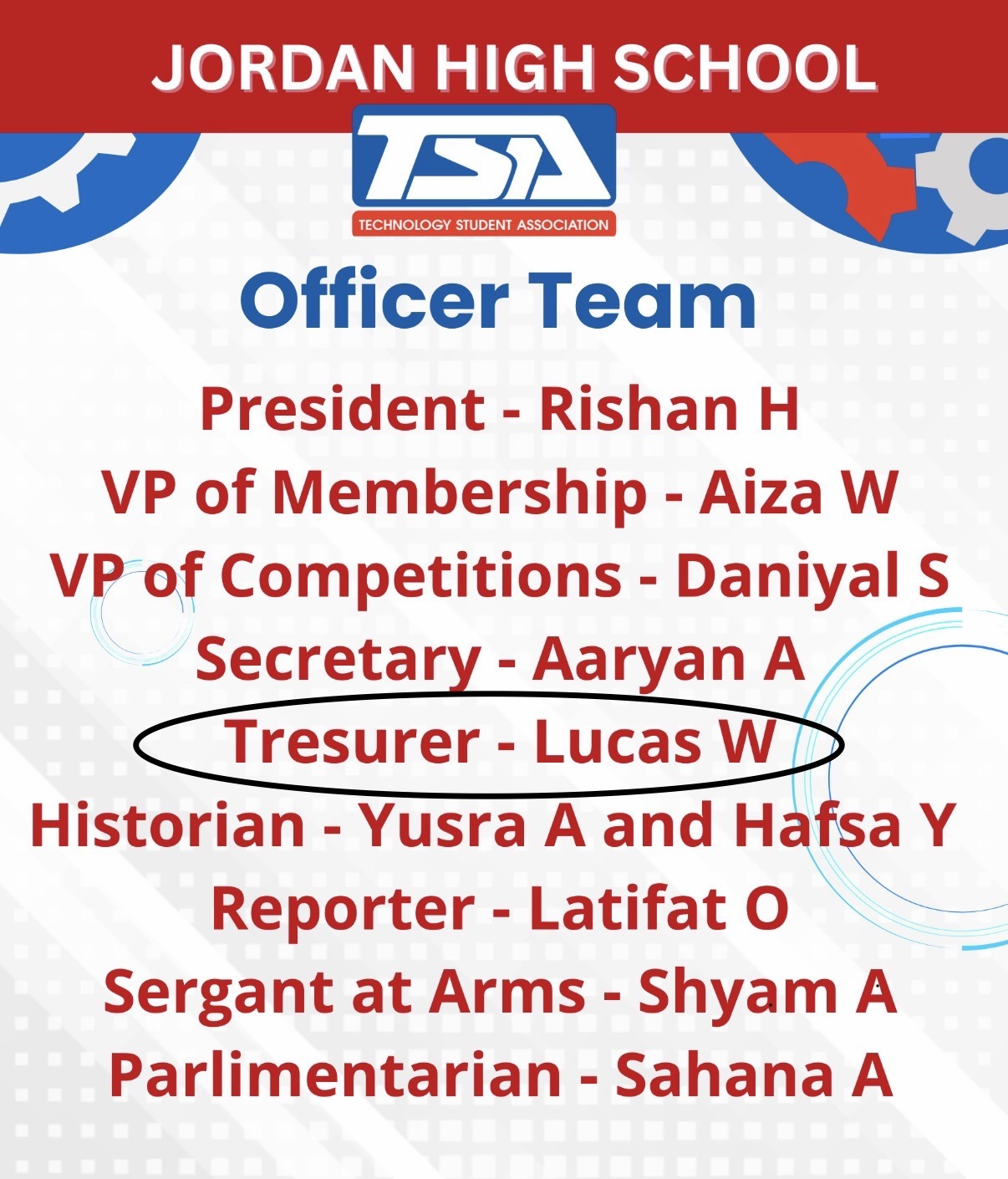Jordan High School TSA Officer Team announcement listing Lucas Weatherwax as Treasurer