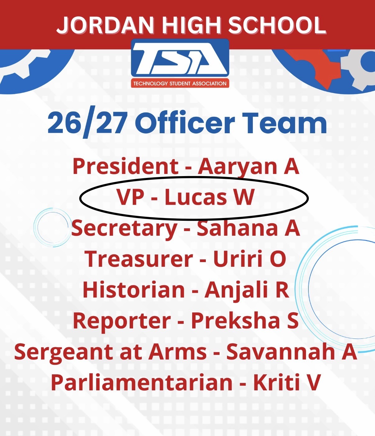 Jordan High School TSA 26/27 Officer Team announcement listing Lucas Weatherwax as Vice President