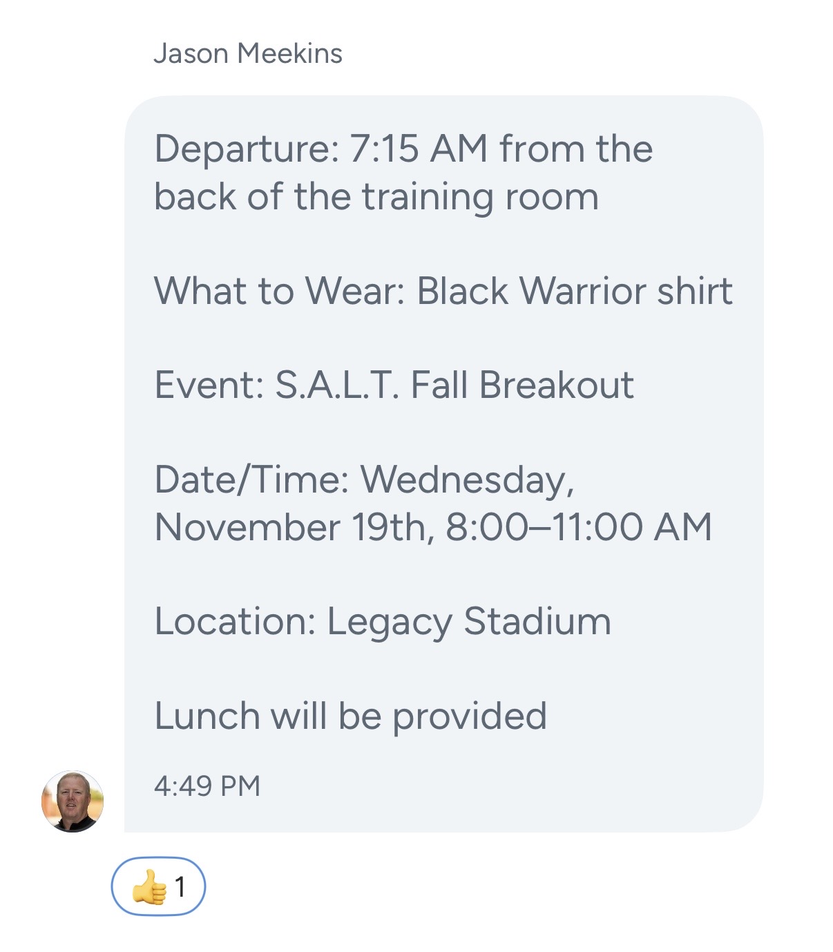 Text message from Coach Jason Meekins inviting Lucas Weatherwax to the S.A.L.T. Fall Breakout event